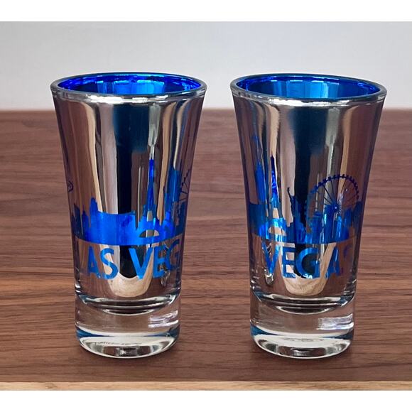 Vintage Las Vegas City Scape Blue Mirrored Shot Glasses Decorative Only-Set of 2 - Picture 1 of 11